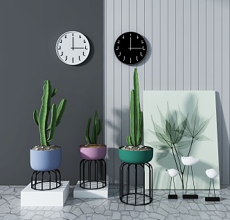 Modern jewelry pendant wall clock creative cactus potted plant 3d model