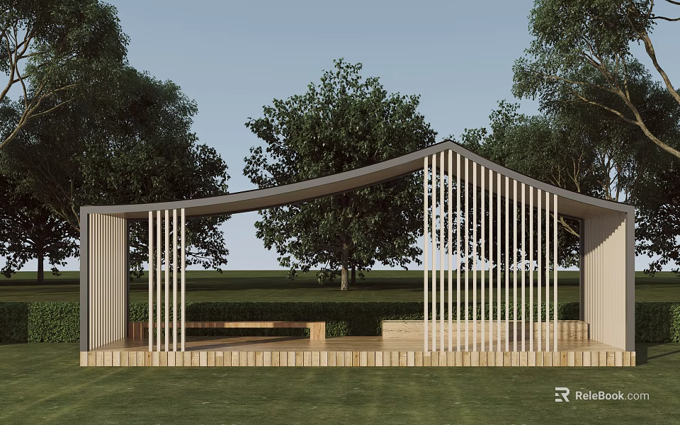 Wooden Garden Pavilion With Curved Roof And Vertical Slats In Grass Lawn Surrounded By Trees 3d model 