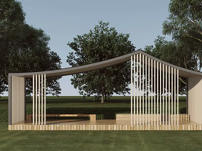 Wooden Garden Pavilion With Curved Roof And Vertical Slats In Grass Lawn Surrounded By Trees 3d model