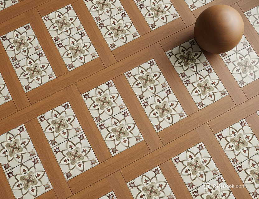 Floor Tiles Featuring Floral Patterns And Decorative Sphere 3d model