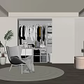 Modern Walk-in Closet with Hanging Clothes Dressing Table Armchair and Round Rug