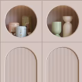 Pastel Wardrobe With Arched Doors Circular Top Compartments Neon Hello Sign And Decorative Shelving