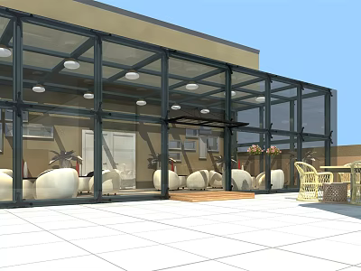 Modern Villa Balcony With Glass Curtain Wall Outdoor Furniture And White Floor Tiles 3d model