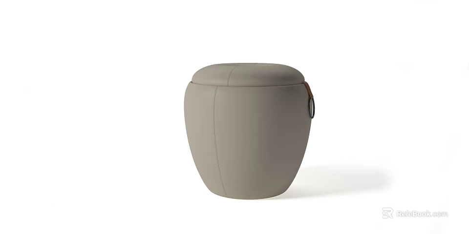 Gray Leather Round Sofa Stool With Stitched Surface And Red Accent 3d model 
