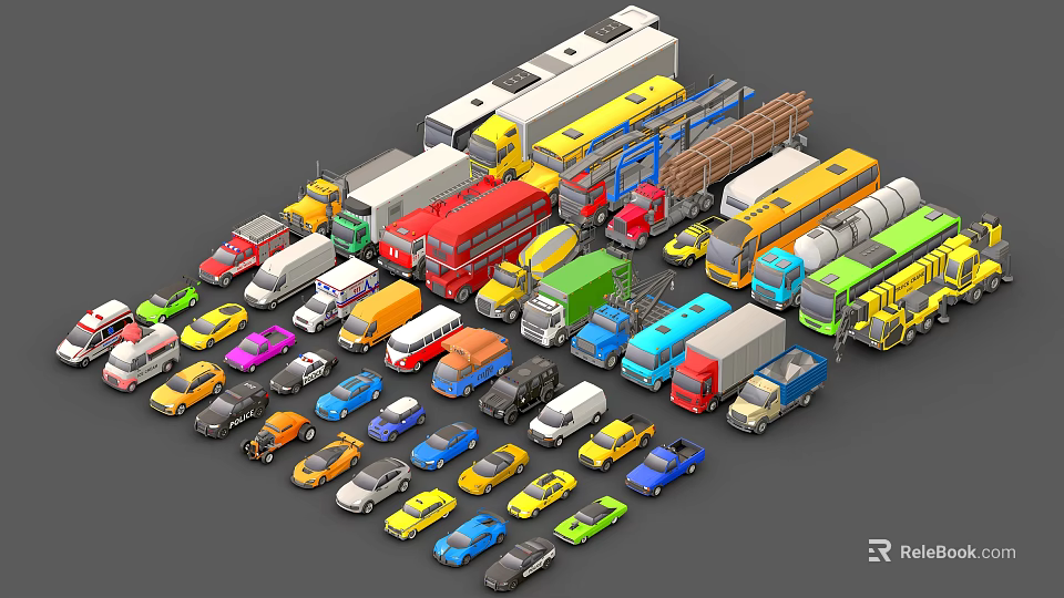 Different Types of Vehicles Including Cars Trucks Vans and Colorful Models 3d model 