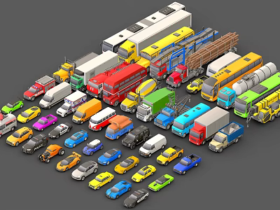 Different Types of Vehicles Including Cars Trucks Vans and Colorful Models 3d model