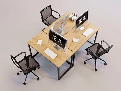 Wooden Office Desk Setup With Dual Computer Monitors And Black Office Chairs 3d model