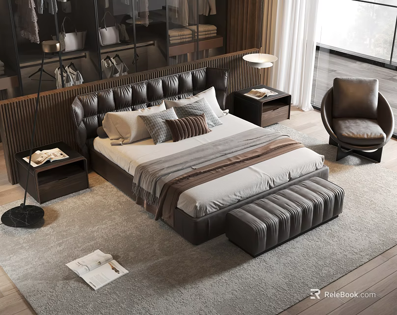 Modern Bedroom Double Bed With Leather Headboard Pillows Nightstand And Ottoman 3d model 
