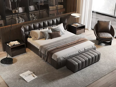 Modern Bedroom Double Bed With Leather Headboard Pillows Nightstand And Ottoman 3d model