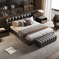 Modern Bedroom Double Bed With Leather Headboard Pillows Nightstand And Ottoman