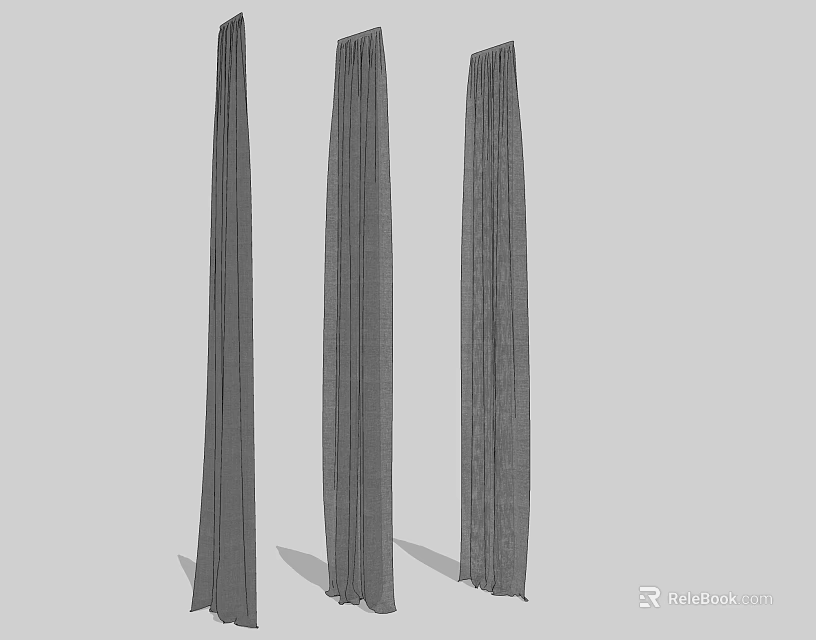 Three Long Gray Textured Fabric Curtains with Floor Length Design 3d model 
