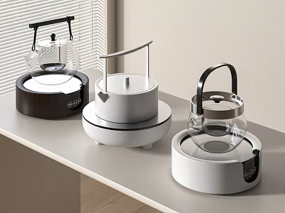 Modern Design Tea Set With Glass Kettle White Black Metal And Wooden Parts 3d model