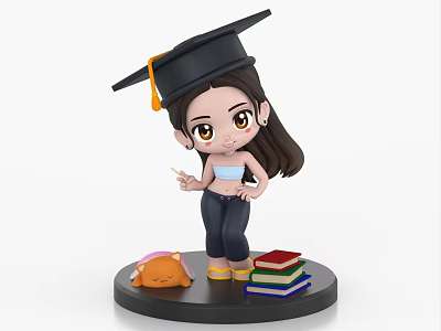 Cartoon Girl Decorative Ornament Set With Graduation Cap Cat Doll Books And Black Base 3d model
