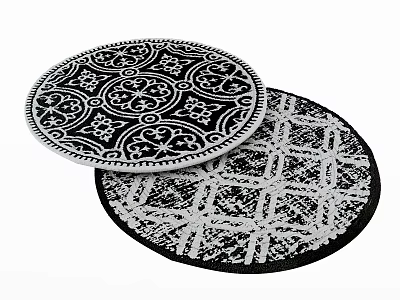 Black and White Round Rugs with Intricate Floral and Geometric Grid Patterns 3d model