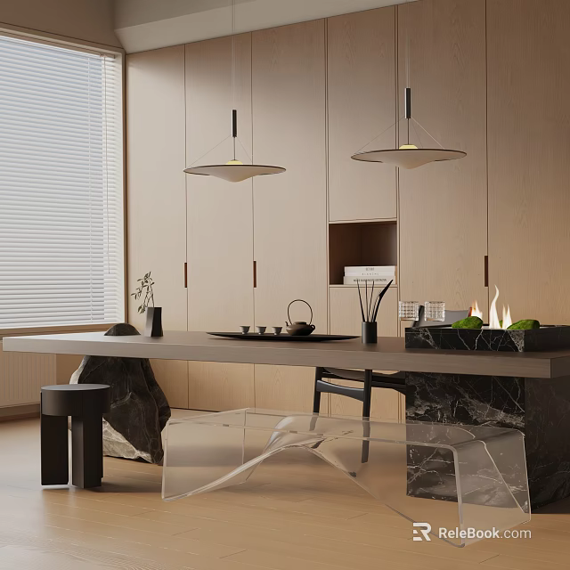 Modern Tea Room Interior With Wooden Cabinets Hanging Pendant Lights And Marble Countertop 3d model 