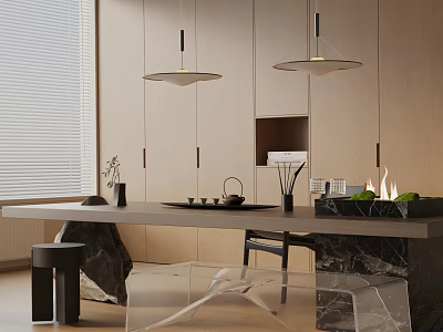 Modern Tea Room Interior With Wooden Cabinets Hanging Pendant Lights And Marble Countertop 3d model
