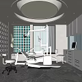 Modern Hospital Clinic Interior With Round Ceiling Light Dental Chair Medical Equipment And White Cabinets