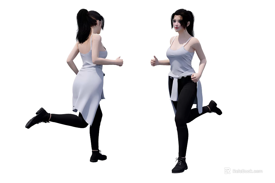 Woman In Tank Top Black Pants Running And Gesturing With Long Black Hair 3d model 