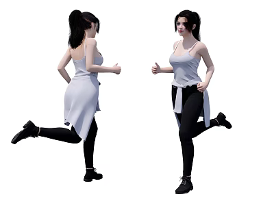 Woman In Tank Top Black Pants Running And Gesturing With Long Black Hair 3d model