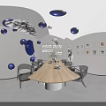 Futuristic Tech Inspired Interior With Purple Neon Lights Robot Clothing Display Tables And Chairs
