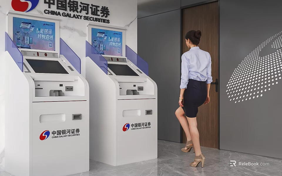China Galaxy Securities Public Facility Self Service Terminals With Woman User in Modern Indoor Setting 3d model 