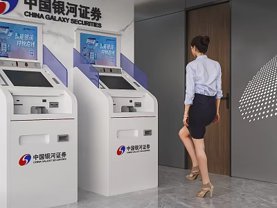 China Galaxy Securities Public Facility Self Service Terminals With Woman User in Modern Indoor Setting 3d model