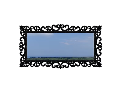 Ornate Black Framed Mirror Reflecting Blue Sky White Clouds and Green Landscape 3d model