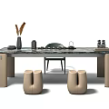 Modern Tea Table with Marble Top and Matching Chairs Three Stools and Tea Set 3d model