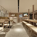Shopping Mall Restaurant Interior Design With Wooden Tables Benches Wall Decorative Plates And Bright Lights