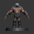 Bear Headed Warrior Character With Muscular Body Fur Armor And Claw Weapons On Display Stand