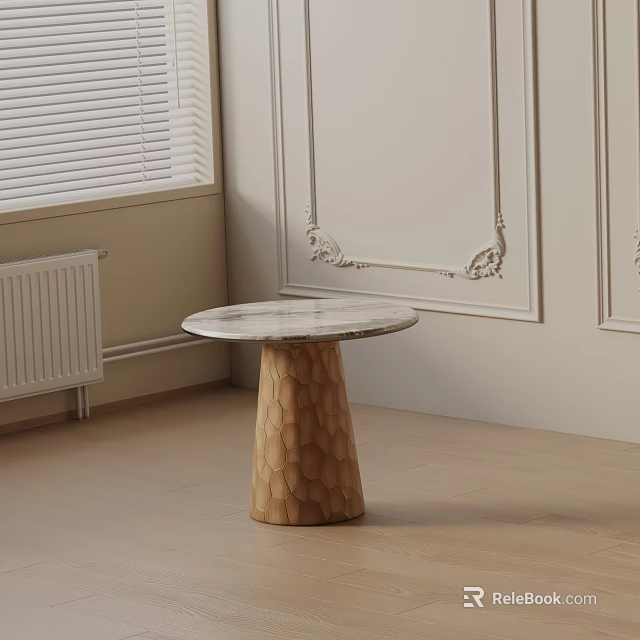 Stylish Side Table With Round Marble Top And Honeycomb Wooden Base In Interior With Decorative Wall 3d model 