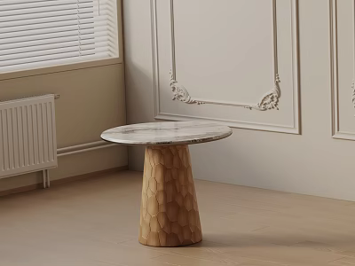 Stylish Side Table With Round Marble Top And Honeycomb Wooden Base In Interior With Decorative Wall 3d model
