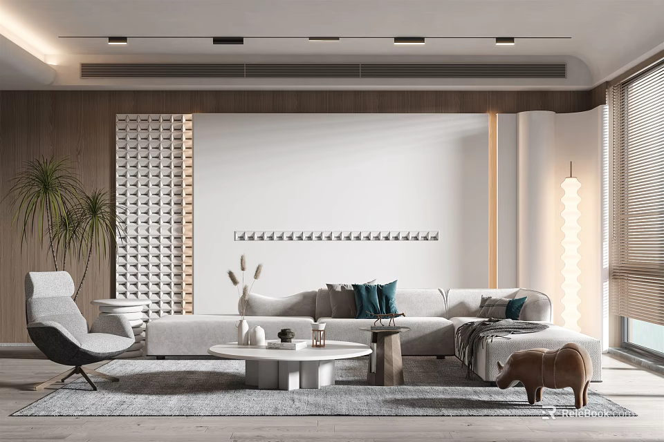 Modern Living Room Interior With Gray Sofa Coffee Table Plant And Wooden Wall Decor 3d model 