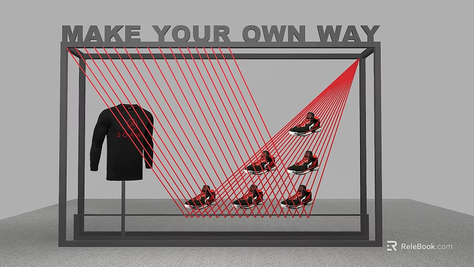 Creative Window Display Featuring Black Top Sneakers Red Lines and Make Your Own Way Text 3d model