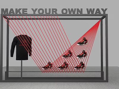 Creative Window Display Featuring Black Top Sneakers Red Lines and Make Your Own Way Text 3d model