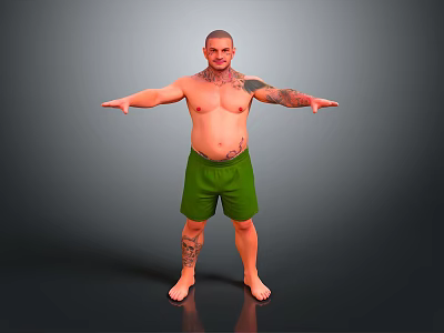 Shirtless Bald Man With Tattoos Wearing Green Shorts Standing With Arms Outstretched Against Gray Background 3d model