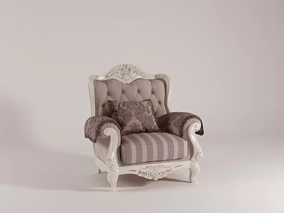 Elegant Classic Armchair With White Carved Wooden Frame Striped Upholstery And Decorative Pillow 3d model