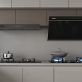 Modern Kitchen Interior With Gray Cabinets Range Hood Gas Stove Appliances And Pots