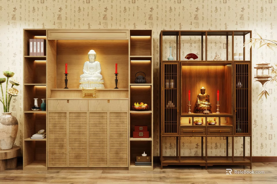 Chinese Style Wooden Buddhist Shrine Cabinet With Buddha Statue Red Candles And Storage Shelves 3d model 