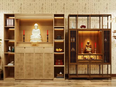 Chinese Style Wooden Buddhist Shrine Cabinet With Buddha Statue Red Candles And Storage Shelves 3d model