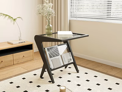 Glass Top Side Table With Black Frame Magazine Storage And Vase Near Wooden Cabinet 3d model