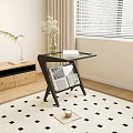 Glass Top Side Table With Black Frame Magazine Storage And Vase Near Wooden Cabinet