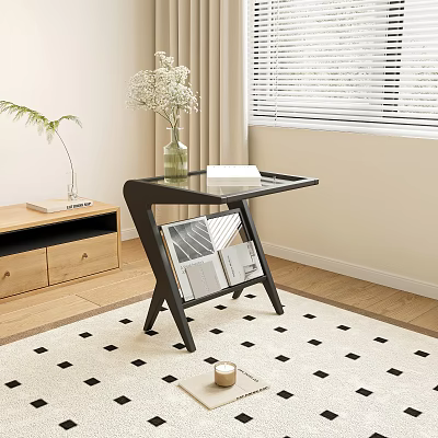 Glass Top Side Table With Black Frame Magazine Storage And Vase Near Wooden Cabinet 3d model