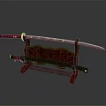 Traditional Japanese Katana Sword With Red Handle Wooden Stand And Carved Lotus Pattern