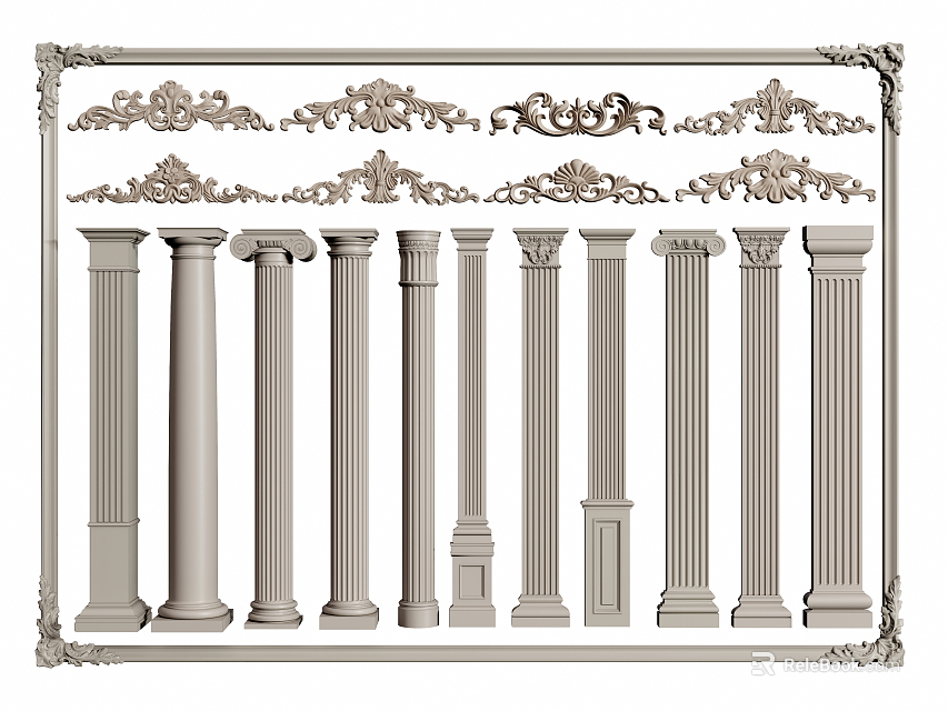 Various Types of Roman Columns Architectural Design With Decorative Capitals And Frieze Ornaments 3d model 