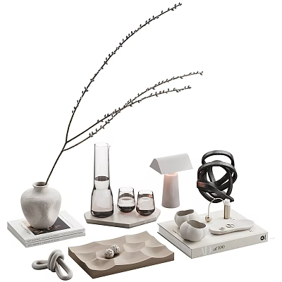 Modern Decorative Ornament Set with Vase Hourglass Cups Table Lamp and Sculpture on Trays 3d model