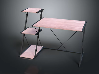 Modern Desk And Multi Tiered Shelf With Pink Tabletop And Black Frame Design 3d model