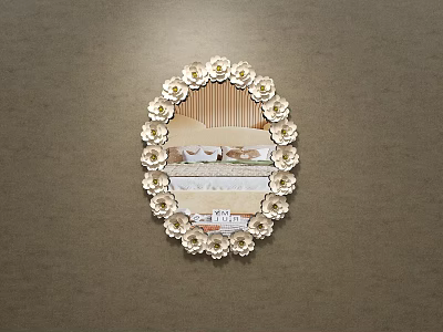 Oval Mirror With Floral Accents Reflecting Room Interior With Sofa And Carpet Against Brown Wall 3d model