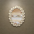 Oval Mirror With Floral Accents Reflecting Room Interior With Sofa And Carpet Against Brown Wall