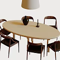 Elegant Round Dining Table Set With Six Dark Brown Leather Chairs And Pendant Lamp